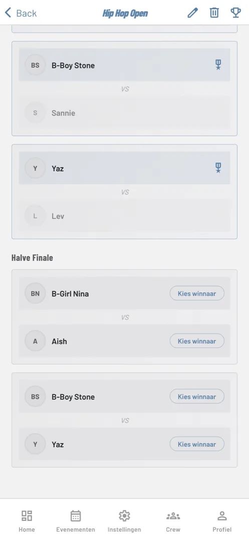 Het bracket in de BattleCats-app: besliste kwartfinales en halve finales die nog gekozen moeten worden